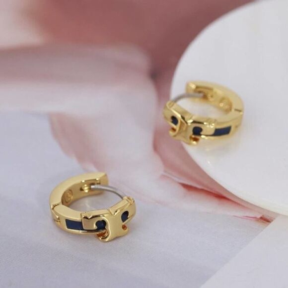 NWOT Tory Burch Gold, Black Small Sheriff T Huggie Hoop Earring’s - Picture 2 of 7